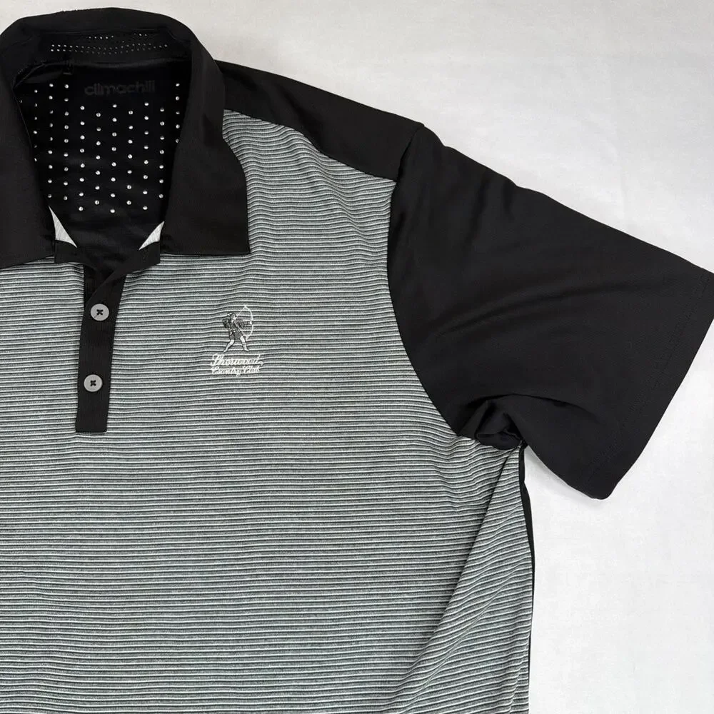 Adidas Climachill Golf Polo Mens XL Black Gray Striped Sherwood Country Club